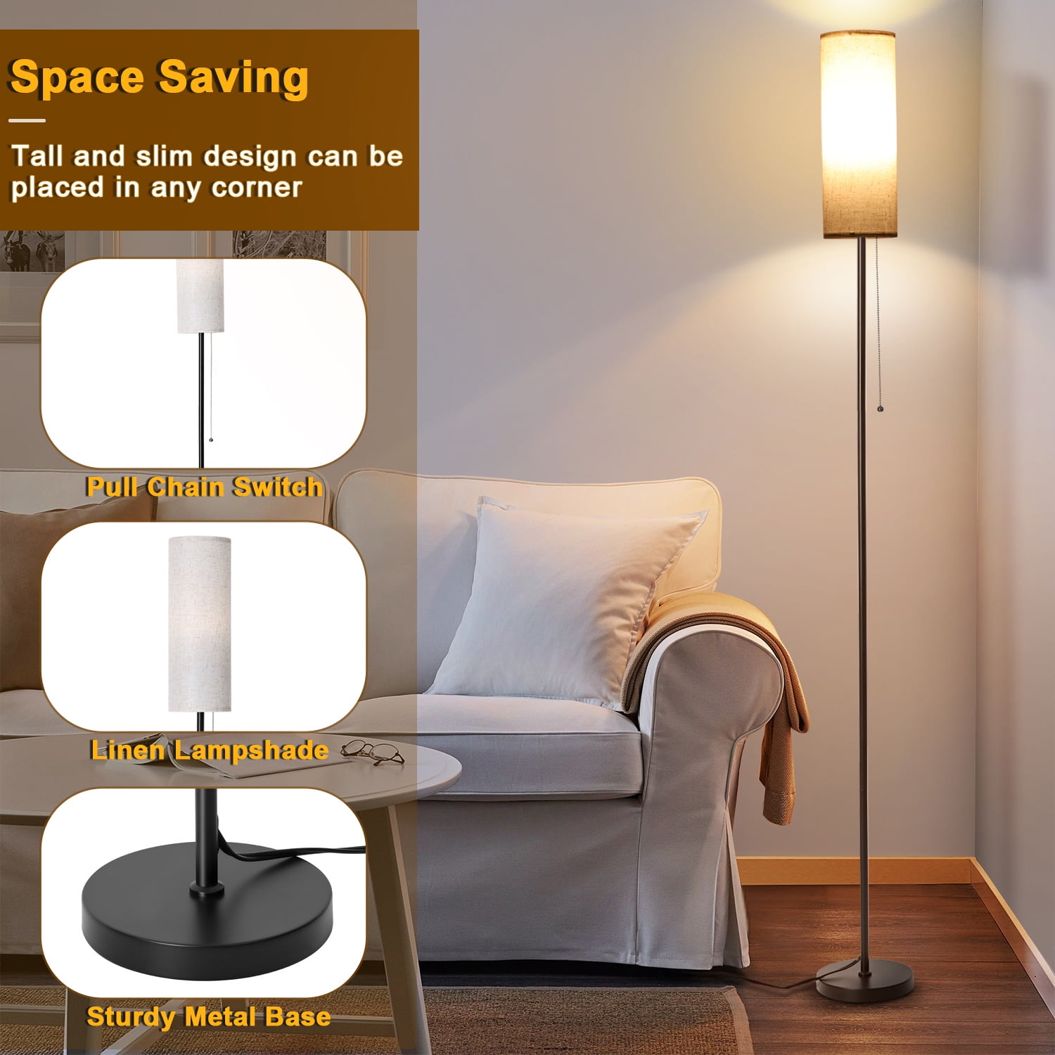 Vesteel Floor Lamp for Living Room, Modern Standing Lamp with 3 Color Temperatures & Linen Lampshade, Pole Lamp for Bedroom Living Room Office, Black