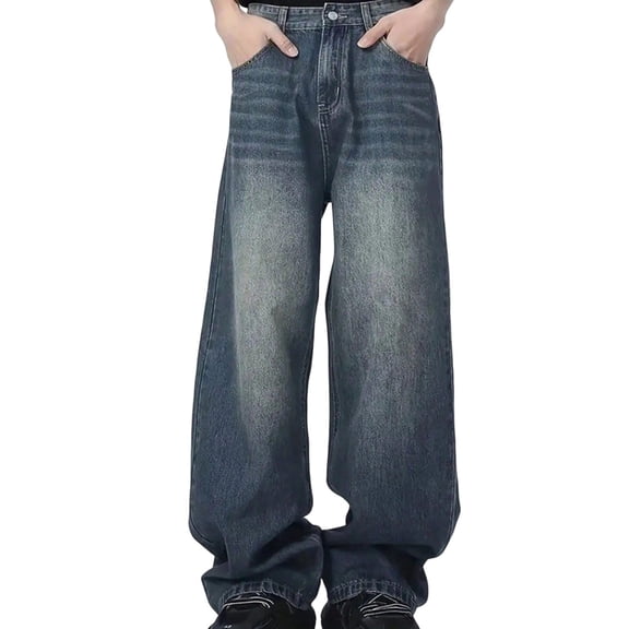 Boys Vintage Washed Wide Leg Jeans, Kids Streetwear Distressed Denim Pants, Loose Fit Baggy Jeans for Casual Skate Wear(Sky Blue,15-16 Years)