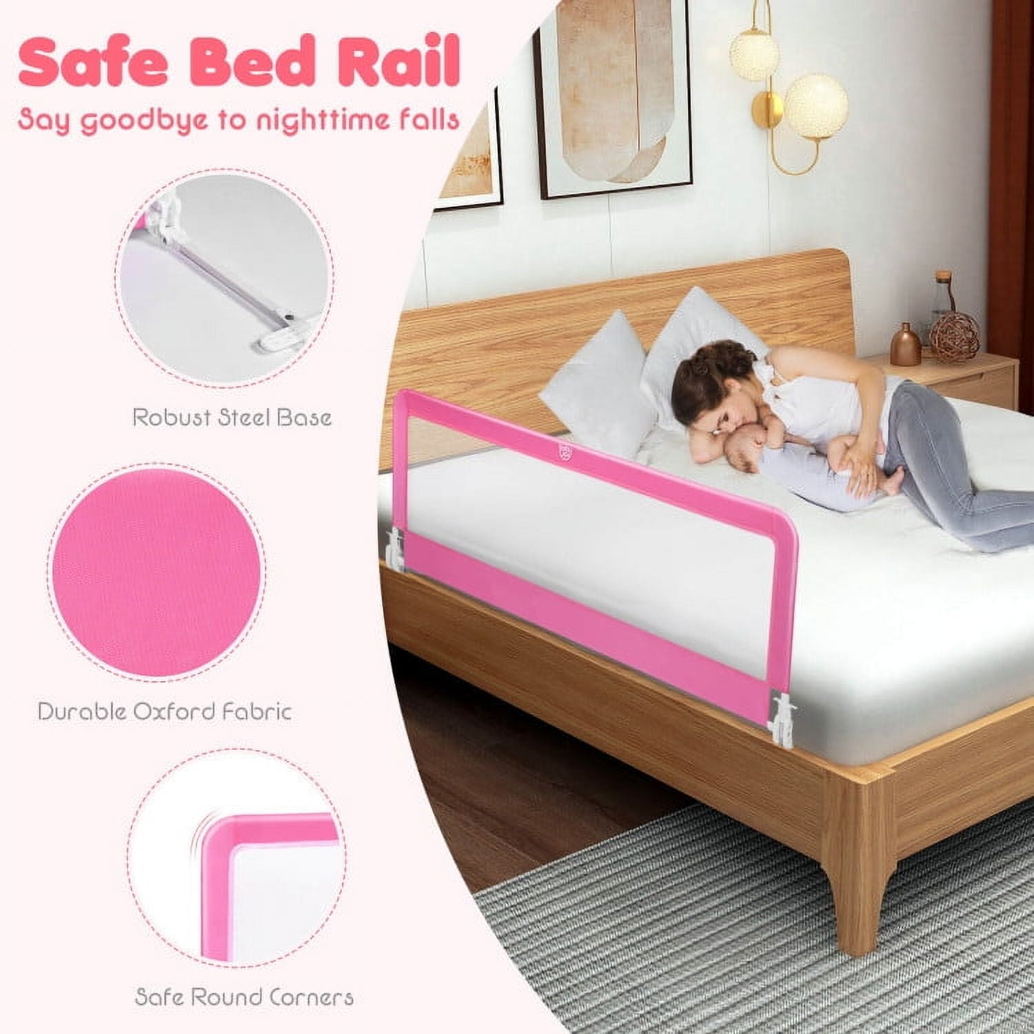 YYAo Bed Guard Rails,Bed Fence,Bed Gate for Baby,59 Inch Folding Breathable Baby Bed Rail Guard with Safety Strap-Pink
