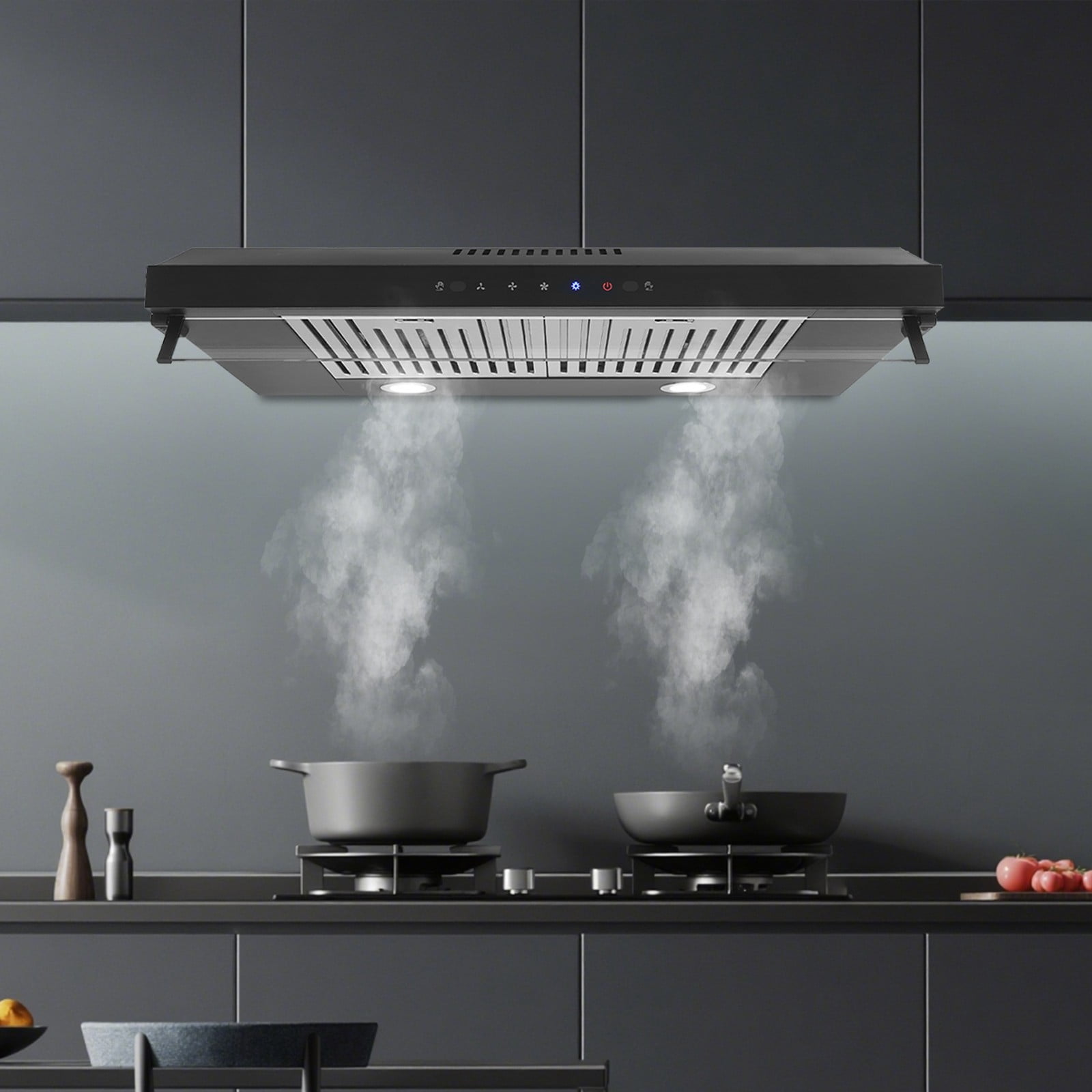 30" Modern Rectangular Black Under Cabinet Range Hood 900 CFM, Dual Motor Stainless Steel Kitchen Vent