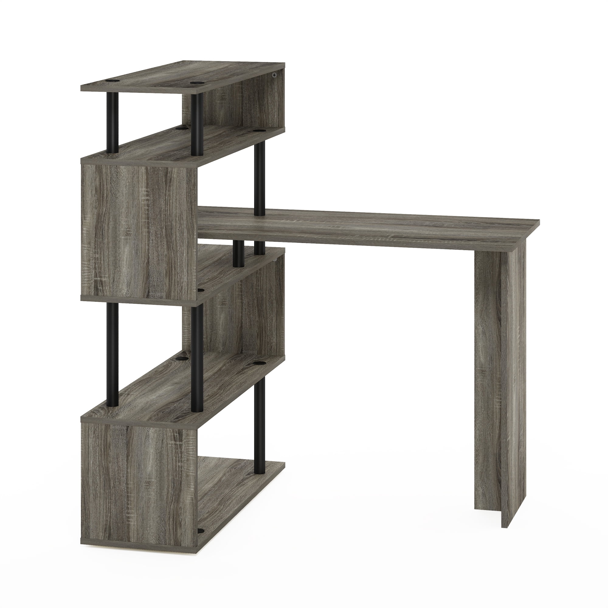 Furinno Classic L-Shape Computer Desk, Writing Desk with 5-Tier S-Shaped Side Shelves, French Oak/Black