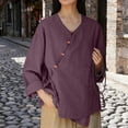 thumbnail image 5 of Goodtrade8 Cotton Linen Womens Blouses Summer Button Long Sleeve Solid Color Crew Neck Pocket Casual Ladies Top, 5 of 7
