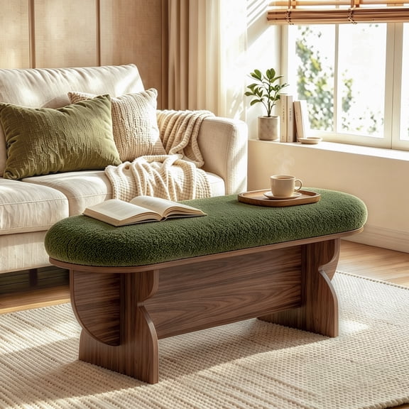 Aufeile 45" Upholstered Ottoman Bench, End of Bed Bench for Bedroom, Entryway Bench with Boucle Cushion and Curved Wood-Grain Legs, Green