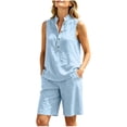 thumbnail image 5 of LEKWK 2 Piece Sets for Women Summer Sleeveless Stand Collar Button Tank Tops and Elastic Waist Shorts Loose Fit Solid Fashion Beach Vacation Casual Outfits, 5 of 9
