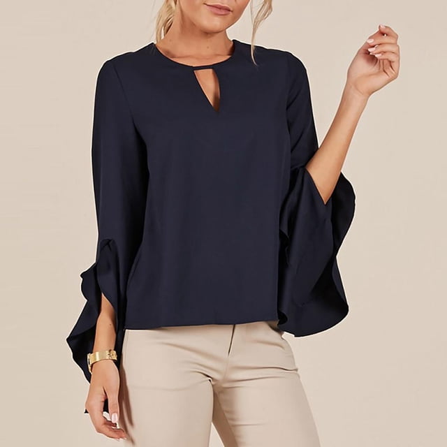 Elegante De Manga Larga Con Y Manga Larga Para Mujer Camisas Para Mujer L Yinane Blusa de gasa de mujer