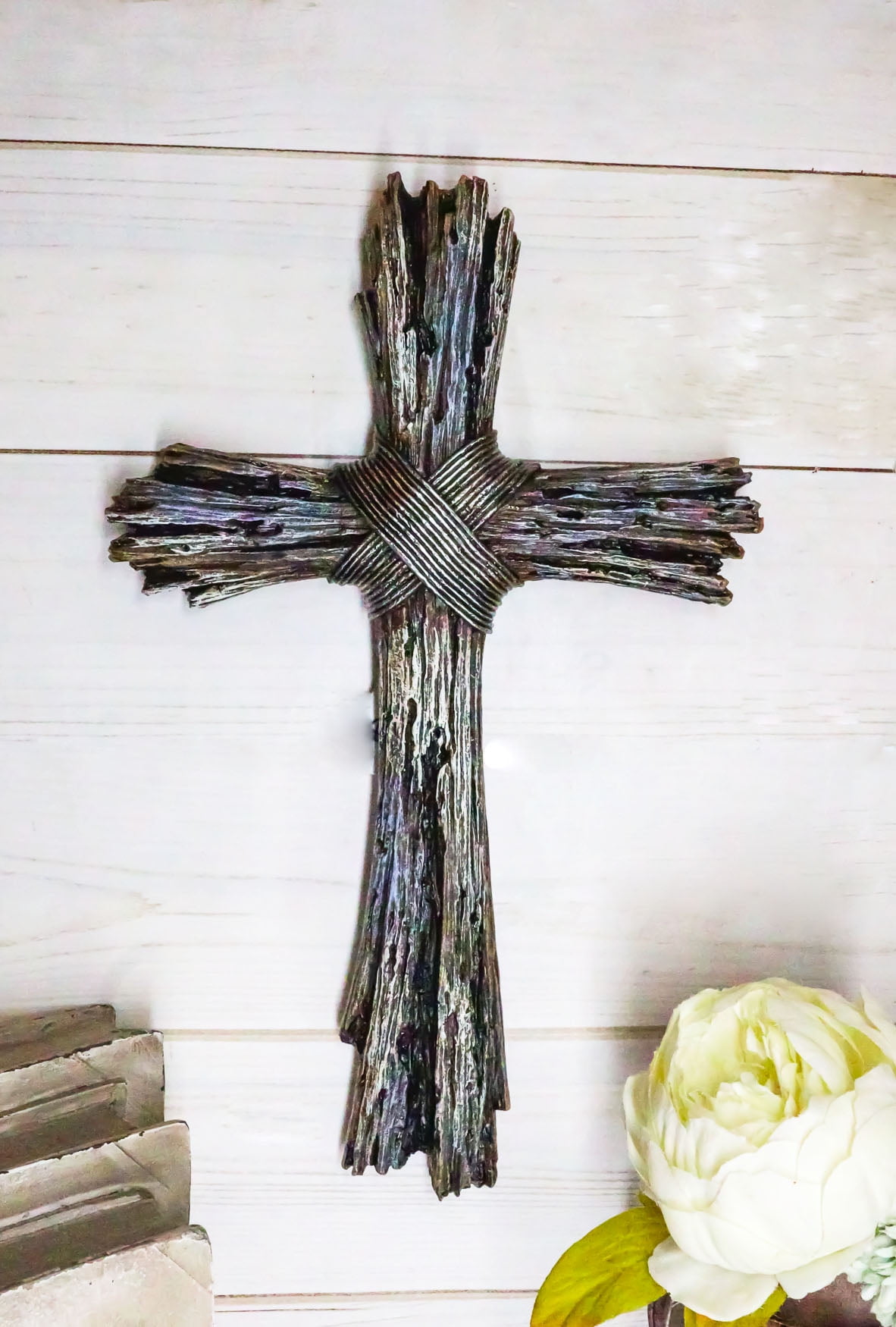 Ebros Rustic Faux Resin Driftwood Finish Crucifix Rugged Wall Cross Decor 13"H