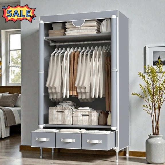 Tcbosik Portable Closet with Non-Woven Fabric Cover, Wardrobe Storage Organizer with Shelf and 3 Drawers, Large Capacity Armoire with Hanging Rod for Bedroom, Easy Assembly, Gray
