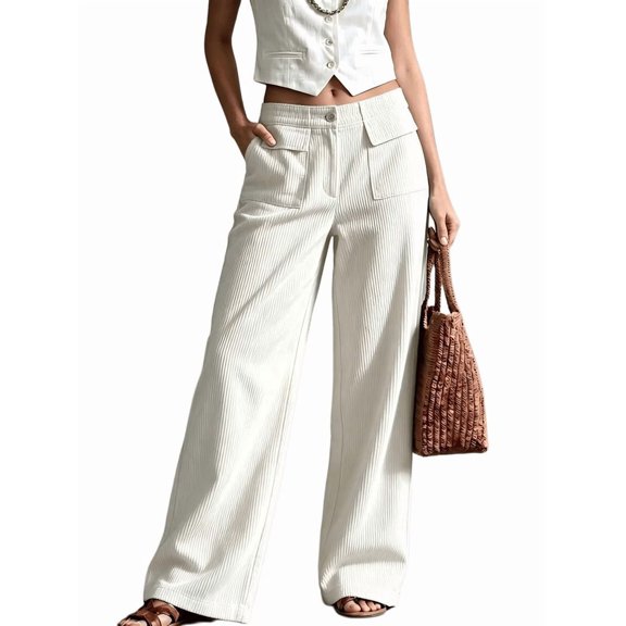 Women's Corduroy Large Pocket Wide Leg Long Trousers White (Corduroy) S