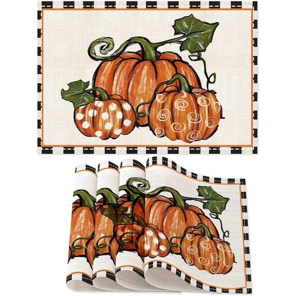 Fall Table Runner 12x18in Linen Pumpkin Buffalo Plaid Placemats Set of 4 Thanksgiving Farmhouse Tables Runners Seasonal Harvest Table Mats Kitchen Dining Room Indoor Outdoor Home Party Decorations