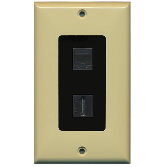 RiteAV - 1 Cat5e Ethernet and 1 HDMI Decorative Wall Plate - Ivory/Black - Bracket Included