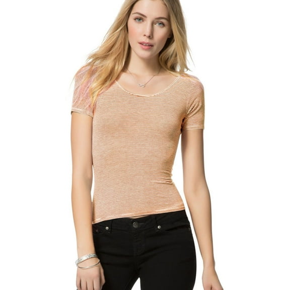 Aeropostale Womens Slim Stripe Crop Graphic T-Shirt, Orange, Juniors, Large