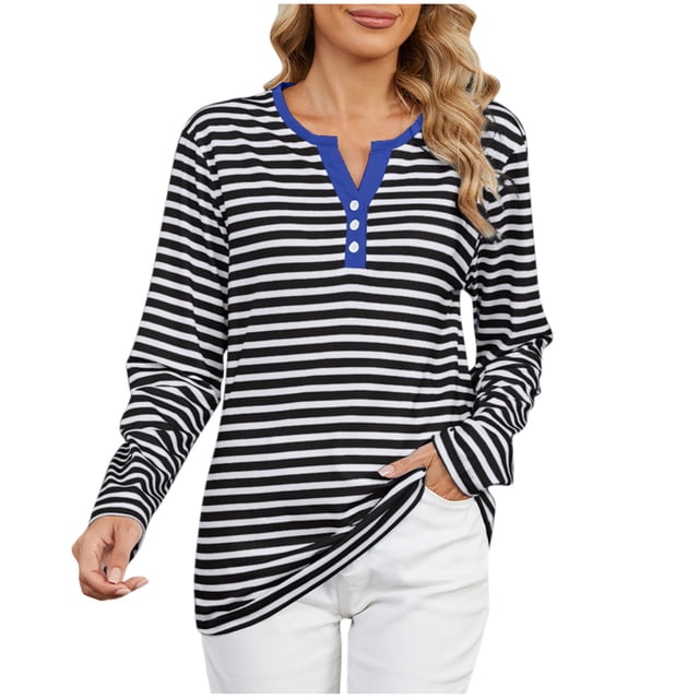 Timegard Hauts pour Femmes Rayé Col en V Cranté Mi-Long Automne Hiver Habillé Décontracté Ample Confortable Blouse