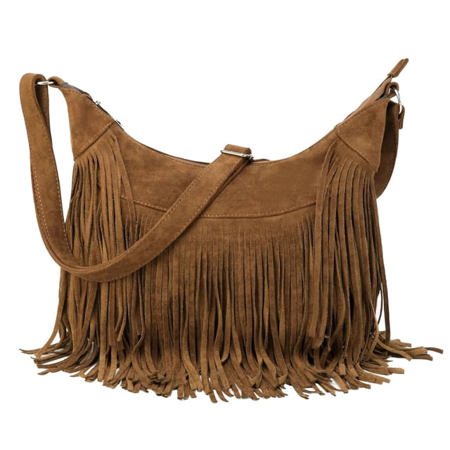 Bolso estilo hobo Sunwel Fashion con flecos, gamuza vegana, borla, marrón
