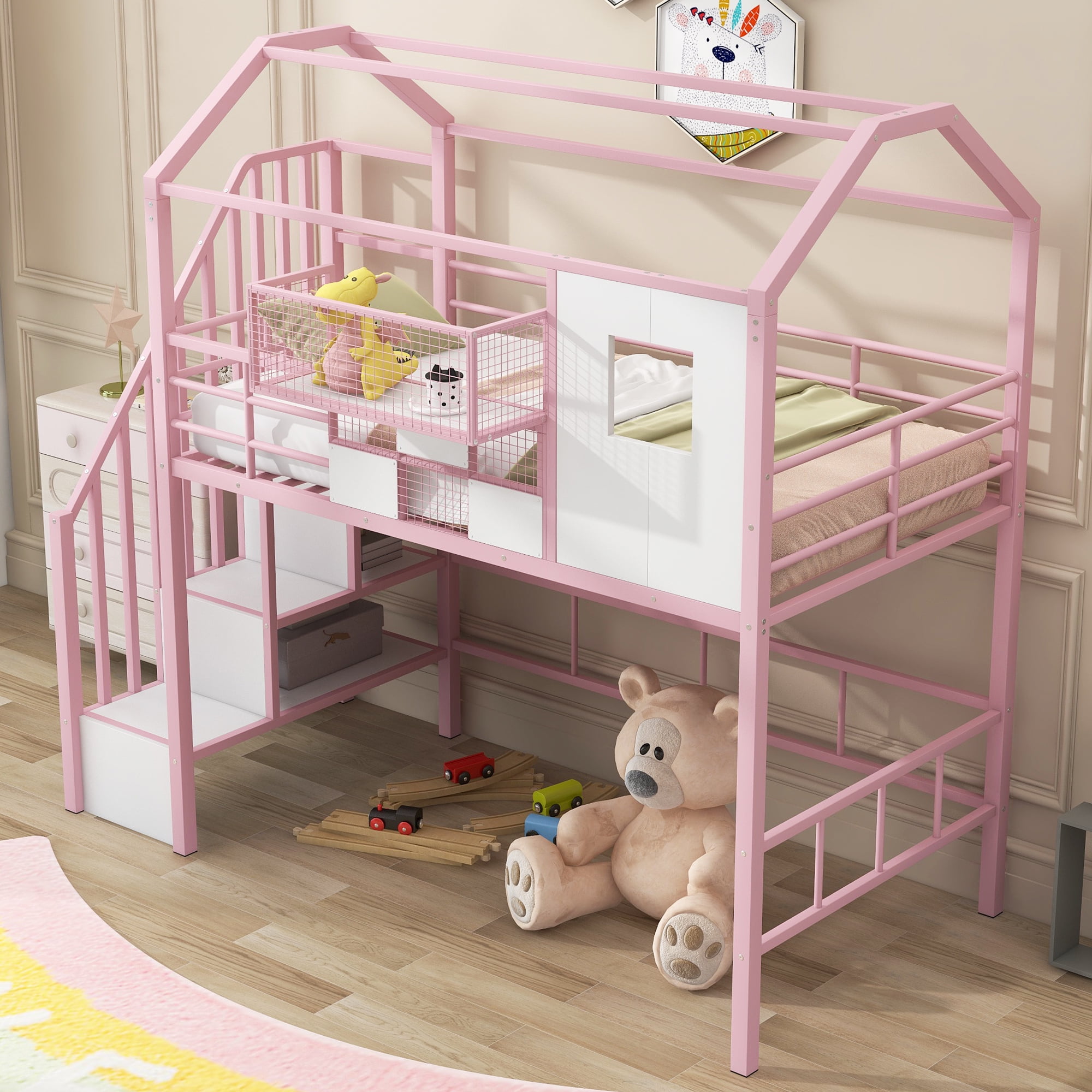 Yoneston Twin Size Loft Bed with Stairs and Storage Box, Heavy Duty Metal Loft Bed with Roof Design for Kids Teens, Pink