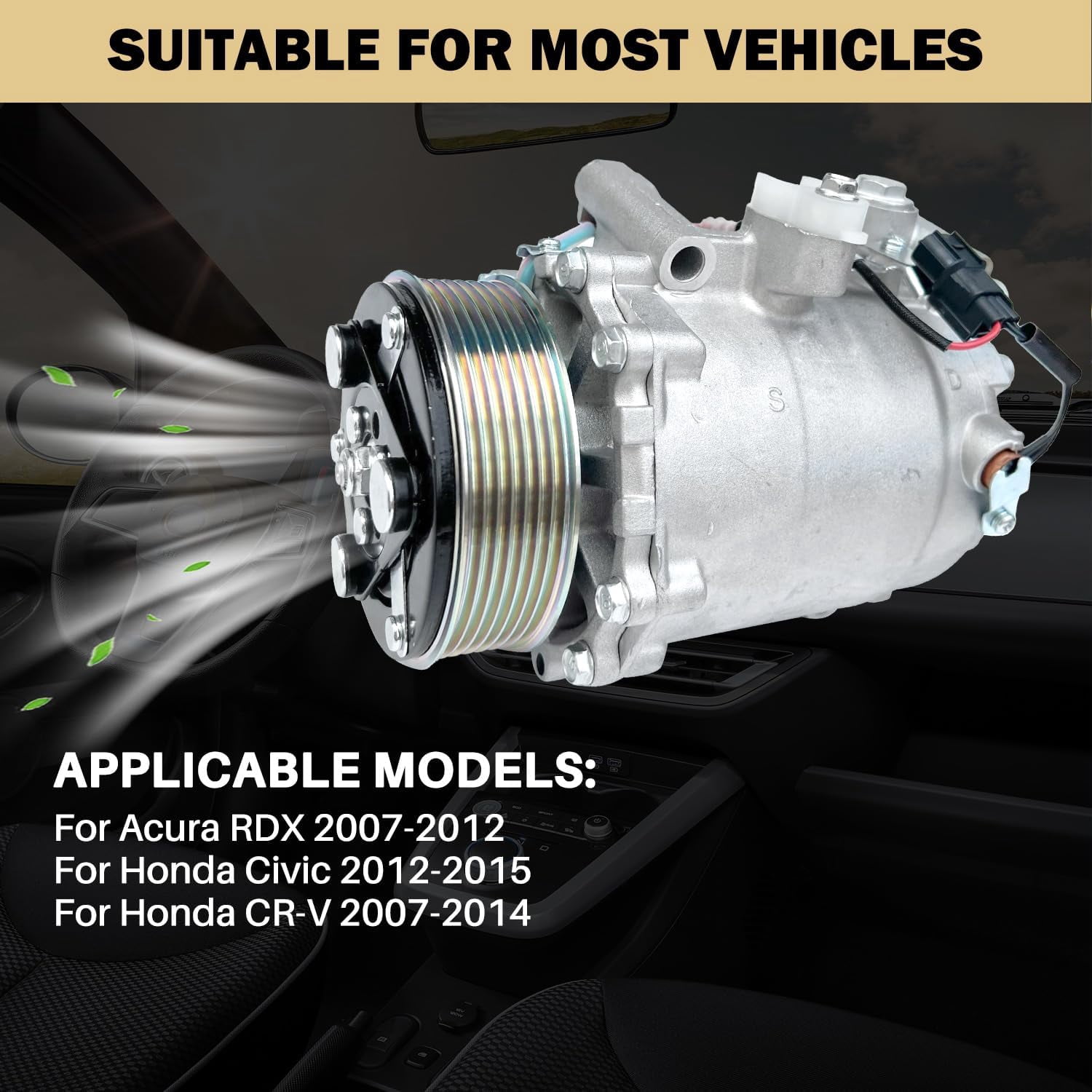 AC Compressor with A/C Clutch for Honda Civic 2.4L (2012-2015), CR-V 2.4L (2007-2014) & Acura RDX 2.3L (2007-2012) | CO4920AC, Replaces 38810RWCA01 | 106MM 7PK