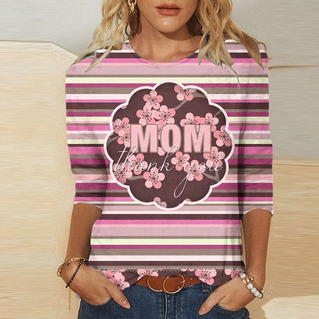 Hauts d'Été pour Femmes 2023 Mode Féminine Manches Trois-Quarts Col Rond Rétro Imprimé de Pâques Hauts Amples Blouse Manches Trois-Quarts Bohème T-Shirt Grande Taille pour Femmes