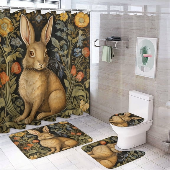 Shower Curtain Sets with Rugs 4 Piece Non-Slip Rugs And Toilet Mat Lid Rug Accessories Medieval Rabbit French Print Waterproof Shower Curtain Happy Easter Spring for Bathroom Decor