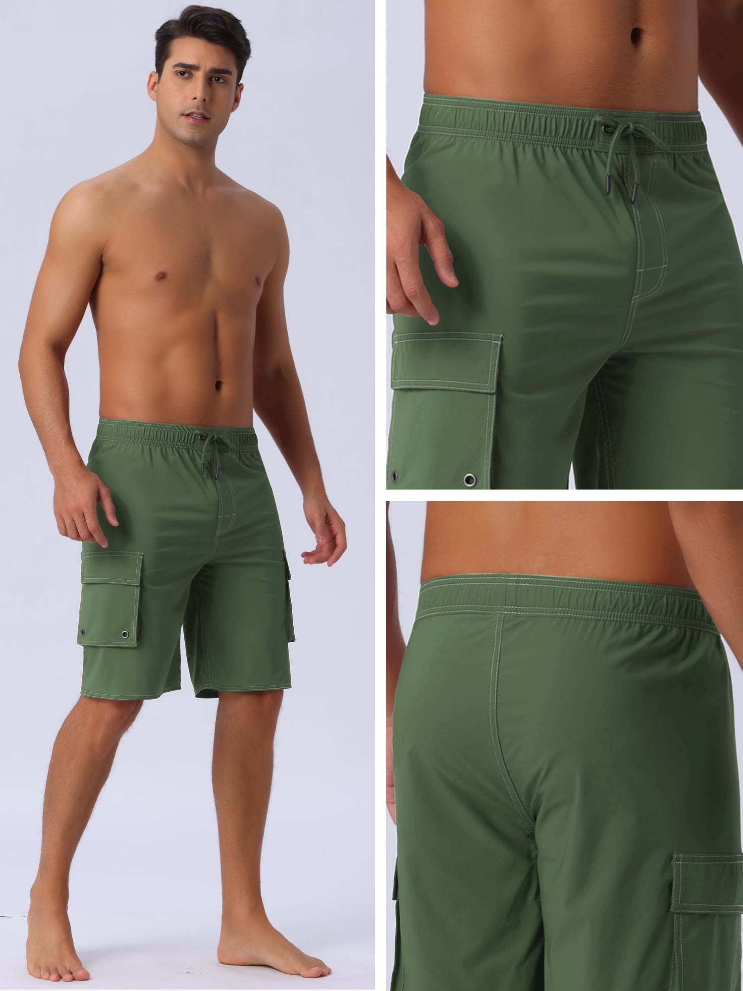 DARING DIVA Men's Solid Color Side Pockets Lining Summer Board Shorts 30 Olive Green