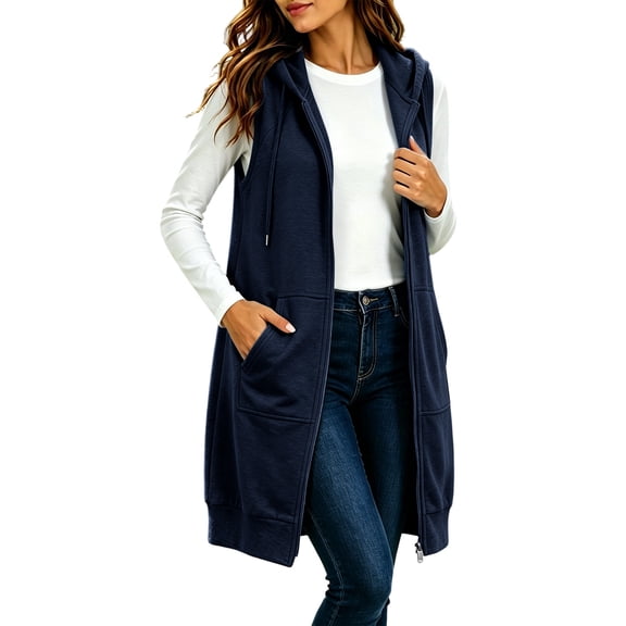 SBYOJLPB Womens Long Outerwear Hooded Sleeveless Full Zippered Casual Coats with Pockets for Fall and Winter