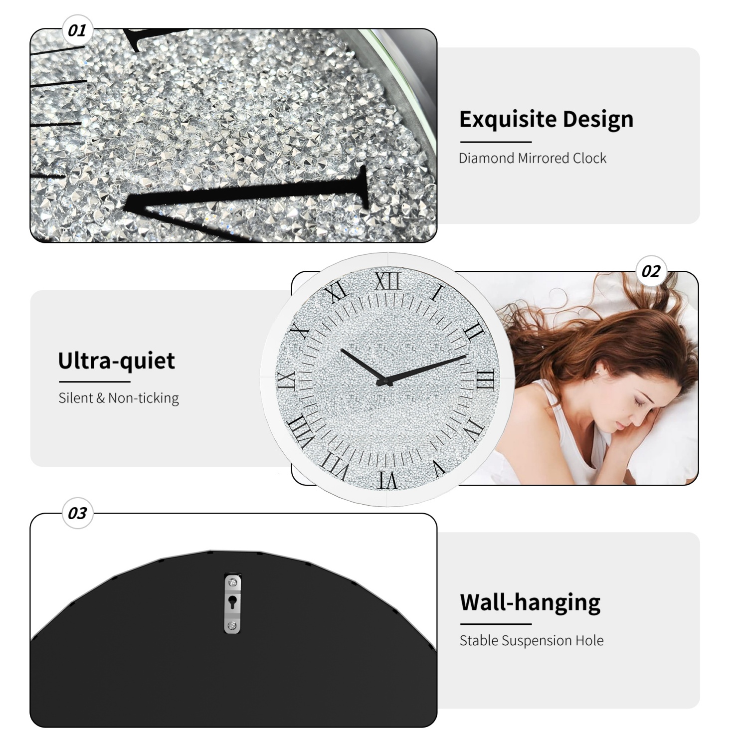 LUVODI 23.62x23.62 inch Crushed Diamond Wall Clock Crystal Twinkle Wall Hanging Clocks with Silver Bevels Edging