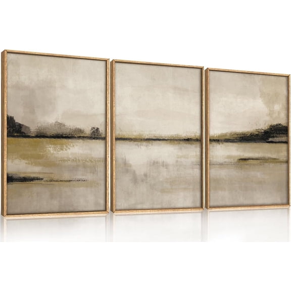 Abstract Mountain Lake Wall Art Set, 3 Piece Textured Canvas Wall Decor, Framed Nordic Neutral Tan Wall Painting, Nature Landscape Art Print for Bedroom, Living Room, Office - 16"x24"x3