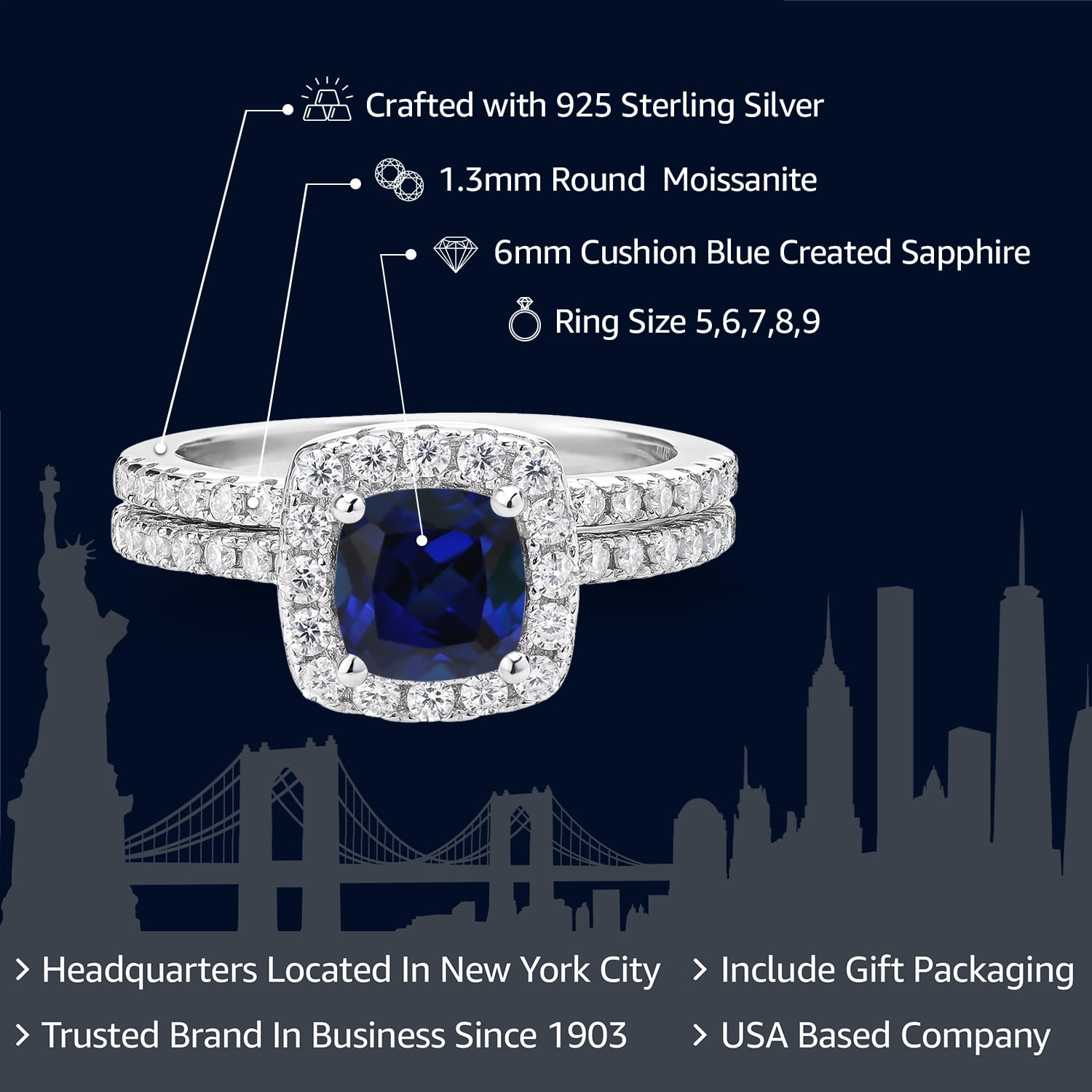 Gem Stone King 1.52 Cttw Blue Created Sapphire and Moissanite Wedding Engagement Ring Band Bridal Set for Women | 925 Sterling Silver | Cushion 6MM | Available in Size 5, 6, 7, 8, 9