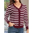 thumbnail image 6 of Women Cardigan Sweaters Long Sleeve Casual Light-Weight Button Down V-Neck Fall Sweater Dark Red Stripe S, 6 of 9