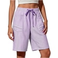 thumbnail image 2 of Straight Leg Shorts for Women New Women’s Linen Striped Shorts, Elastic Waist Drawstring Casual Beach Bottoms, Loose Knee Length Bermuda Shorts with Pockets Purples XL, 2 of 6