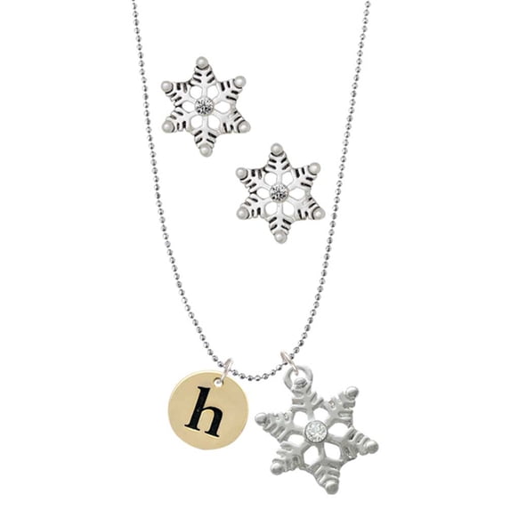 Delight Jewelry Goldtone Disc 1/2'' Initial - h - Silver tone Snowflake Charm Necklace and Stud Earrings