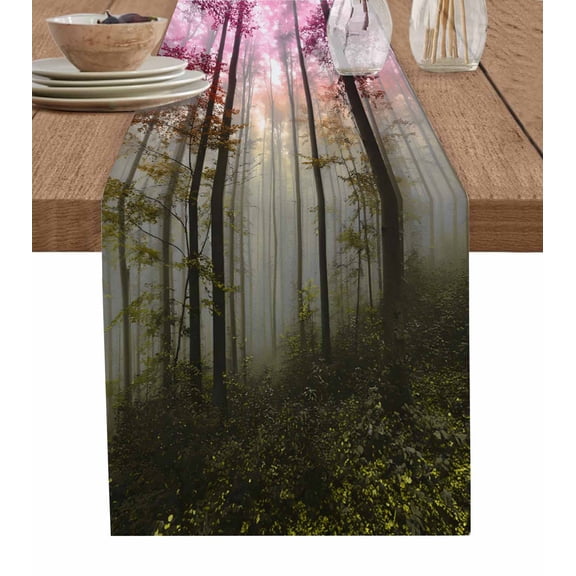Pink Forest Table Runner 72 Inches, Vintage Foggy Woods Tree Bed Runner Dresser Scarves Tabletop for Indoor Outdoor Parties/Ceremony/Banquet, 18" x 72"