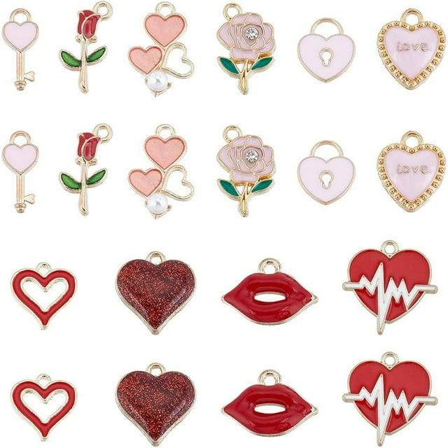 1 caja de 80 piezas de 10 estilos de dijes de corazón esmaltados, dijes de rosa, dijes de San Valentín, corazón, rosa, flor, llave, colgante de amor dulce