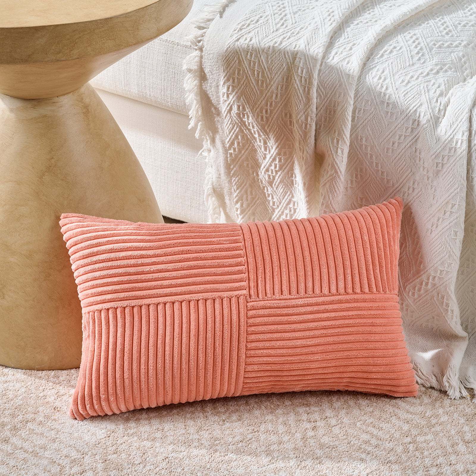 Fancy Homi 2 Packs Coral Lumbar Decorative Throw Pillow Covers 14x24 Inch for Living Room Couch, Rustic Farmhouse Boho Home Decor, Soft Striped Corduroy Rectangle Accent Peach Cushion Case 35x60 cm