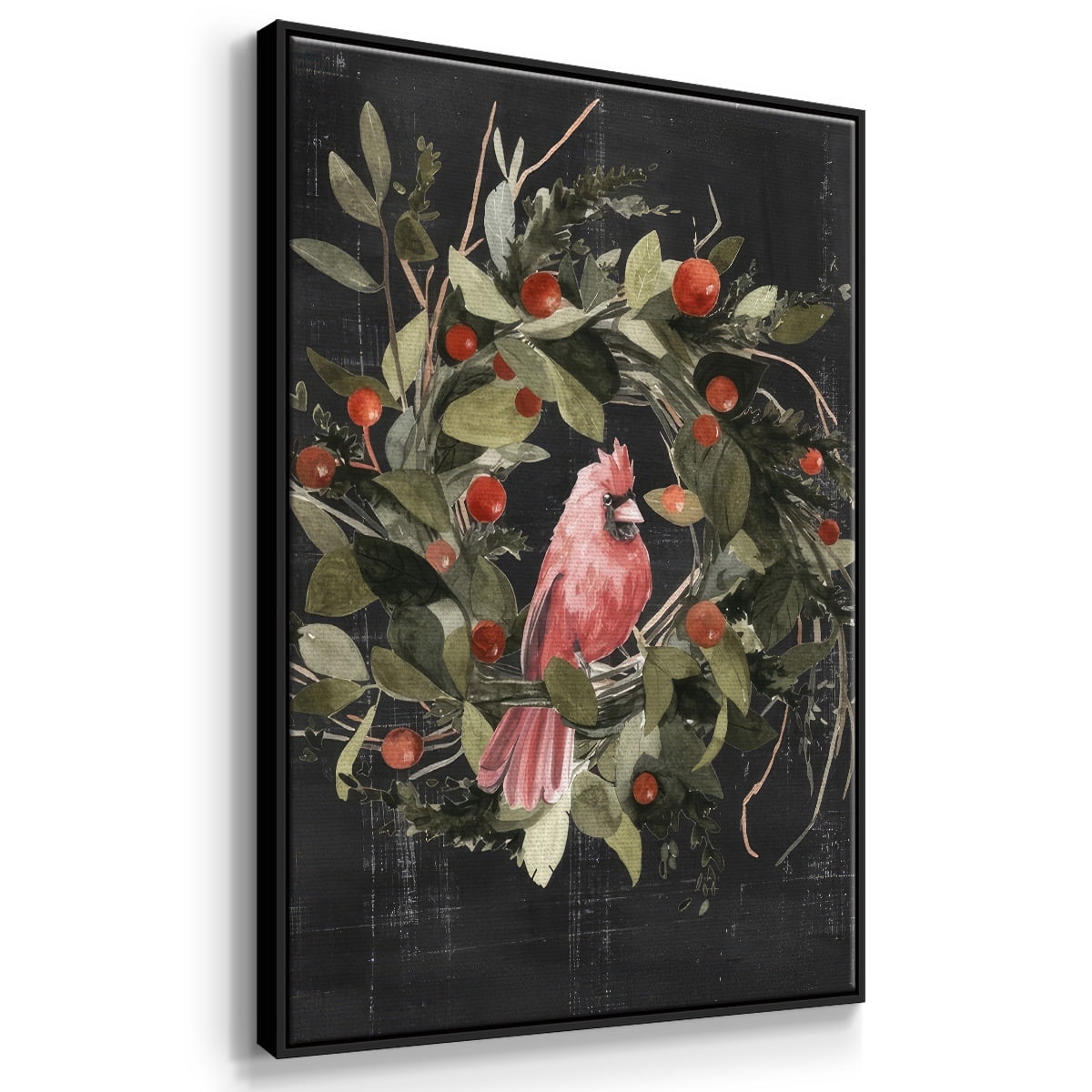 Christmas Cardinal II - Framed Gallery Wrapped Holiday Canvas - 17 x 25 - Black Frame