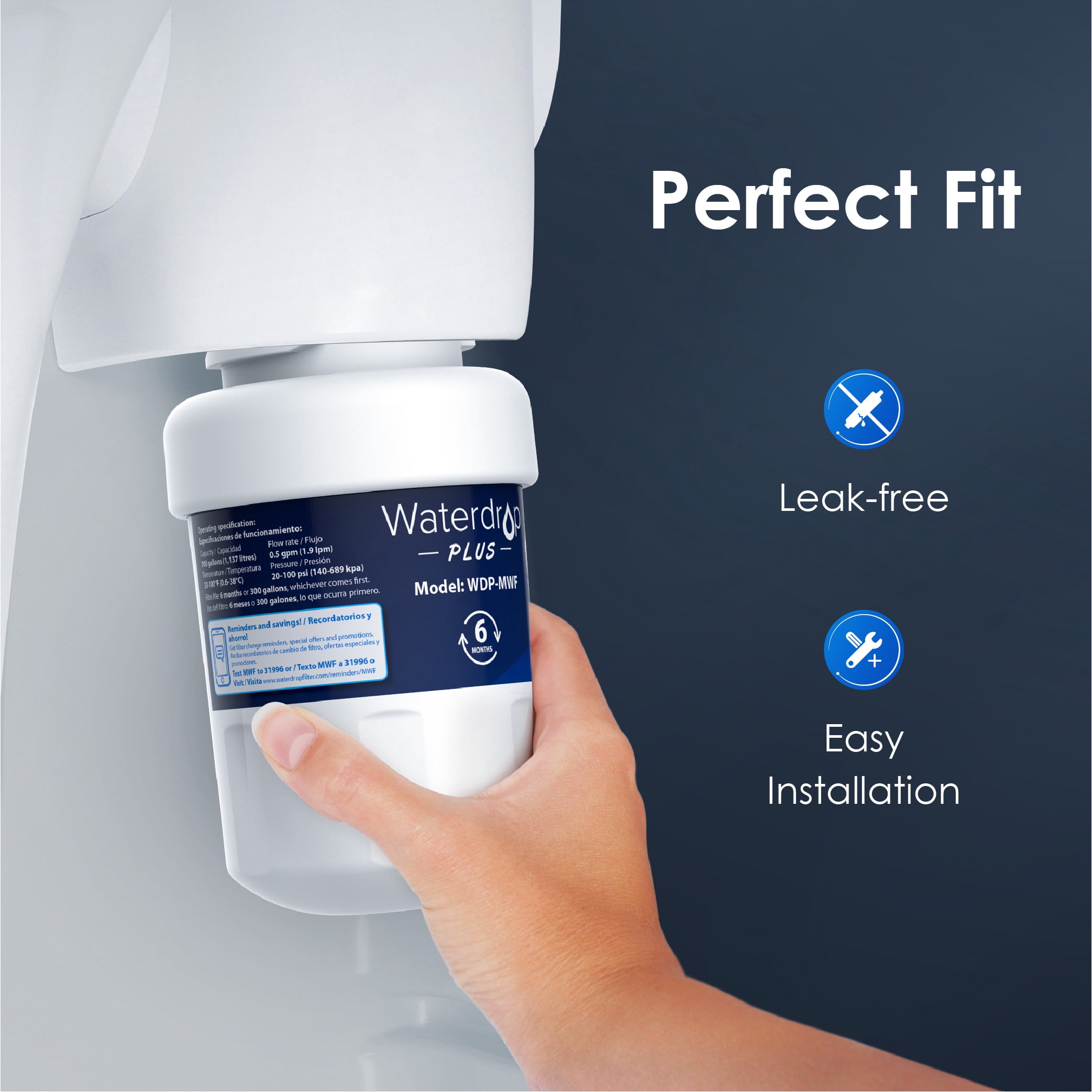 Waterdrop NSF 401&53&42 Certified MWF Replacement Refrigerator Water Filter, Fits for GE MWF, MWFP, MWFA, GWF, GWFA, SmartWater, Kenmore 9991, 46-9991, 469991, 2 Pack