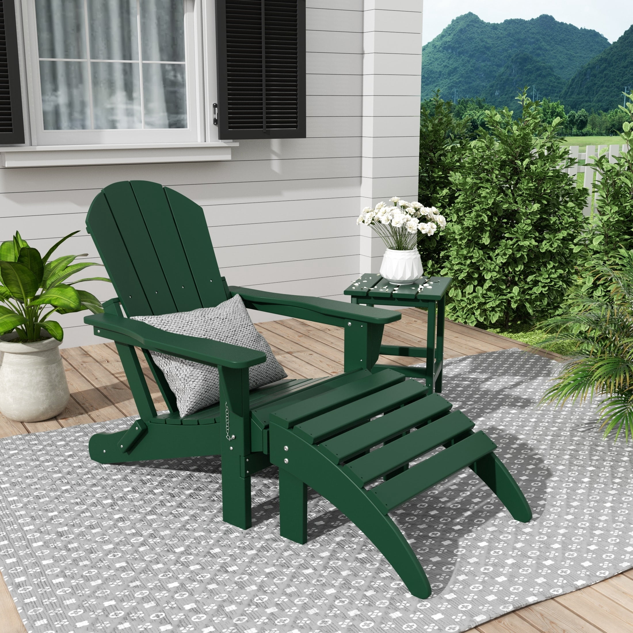 Polytrends  Laguna Hdpe All Weather Outdoor Patio Foldable Adirondack Chair With Ottoman And Side Table (3-Piece Set) Dark Green