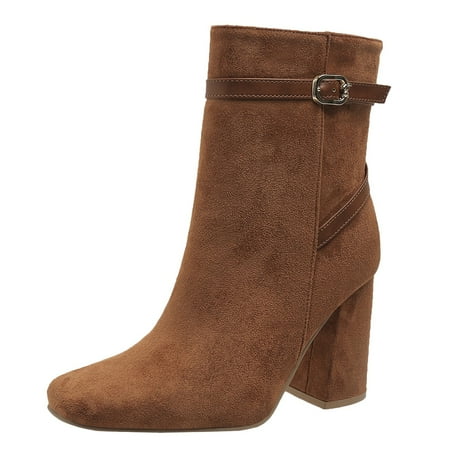 YHGFVOKJ Boots for Women Winter Classic Boots Women s Pointed Suede Belt Thick Heels Mid Calf Pull On High Heels Large Short Boots Shoes Womens Fall Fashion 2024 Shoes Brown 41