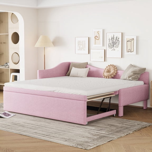Upholstered Pink Twin Size L-Shaped Daybed with Pop Up Trundle and No Box Spring
