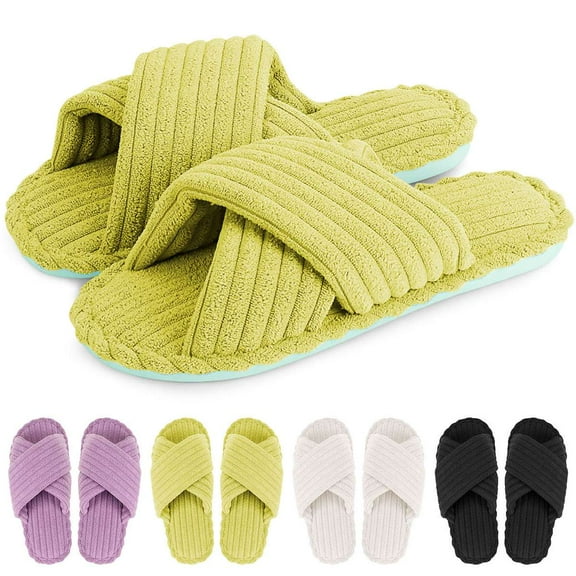 Deago House Slippers for Women Corduroy Crossbands Indoor Slippers Open Toe Slip On Slides Bedroom Shoes with Anti-Skid Sole (Green)