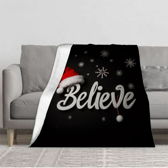 Cozy Flannel Blanket with Festive ' Believe ' Design & Snowflakes - Soft Warm Throw for Sofa Travel Bed and Chair