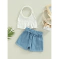 thumbnail image 4 of Franhais Toddler Kids Girls 2 Pieces Outfits, Solid Color Knitted Ribbed Halterneck Tank Tops + Elastic Waist Shorts with Belt Set, 4 of 8