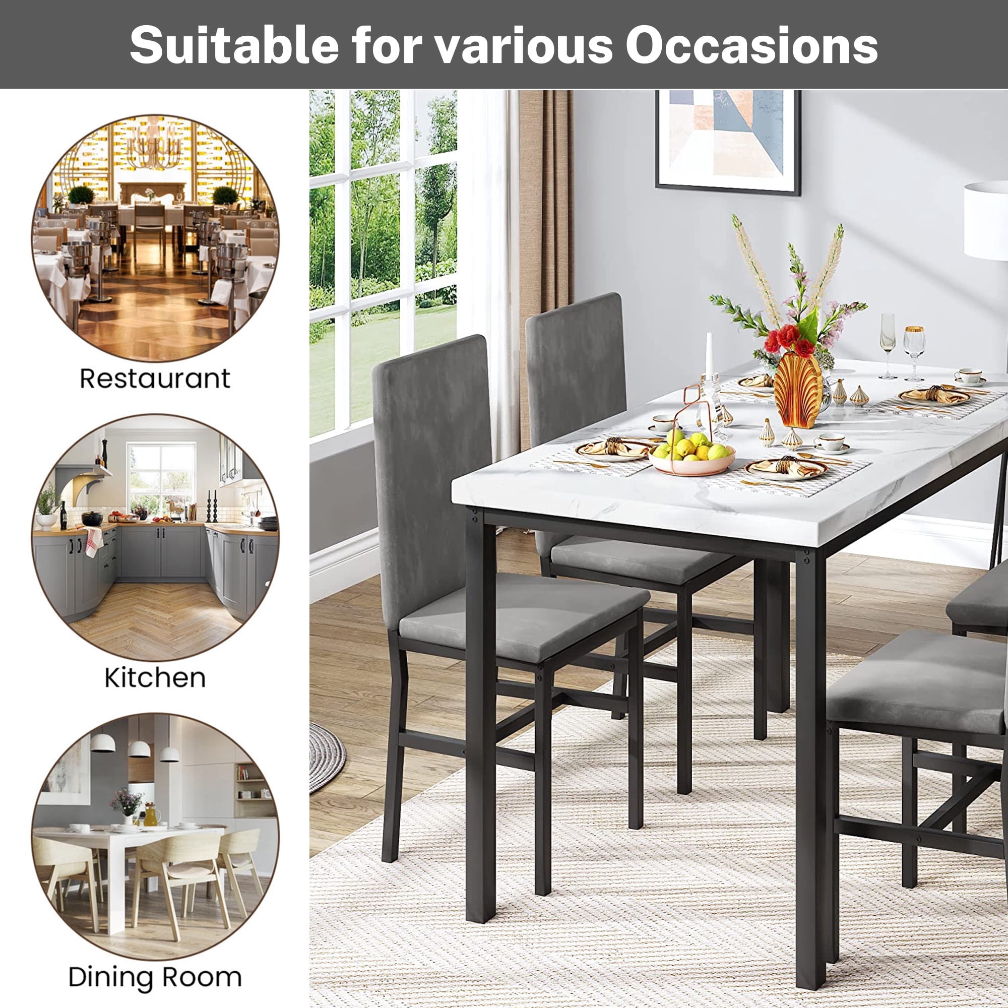 AWQM Dining Table Set for 4, 5-Piece Modern Dining Room Table Set with 4 Velvet Chairs, Marble Kitchen Table and Chairs Set, White+Grey