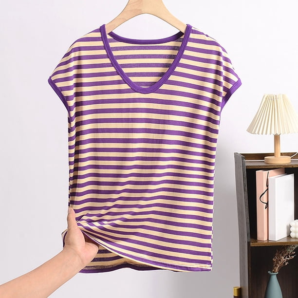 Pijama de manga corta para mujer, informal, holgado, a rayas, con cuello redondo, de verano, fino, de poliéster
