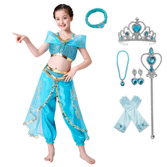 HAWEE Jasmine Costume pour Filles Robe de Princesse à Paillettes Déguisement de Princesse Cosplay Costumes