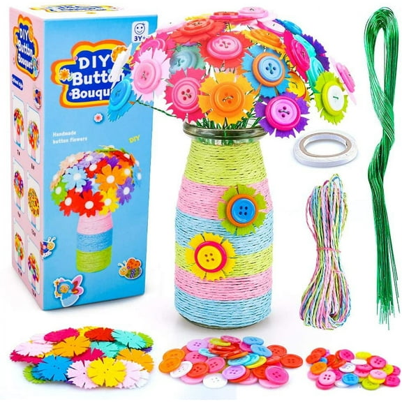 LNKOO Flower Craft Kit for Kids - Colorful Button & Felt Flowers, Vase Art Toy & Craft Project for Boys and Girls, Fun Party Favors & DIY Activity Gift for Children Ages 4 5 6 7 8 9 10 Years Old