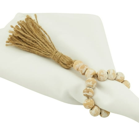 

Fennco Styles Handmade White Mango Wood Bead Tassel Napkin Rings Set of 4 - Rustic Wooden Napkin Holders for Home Dining Table Banquet Family Gathering Holiday Farmhouse and Special Event