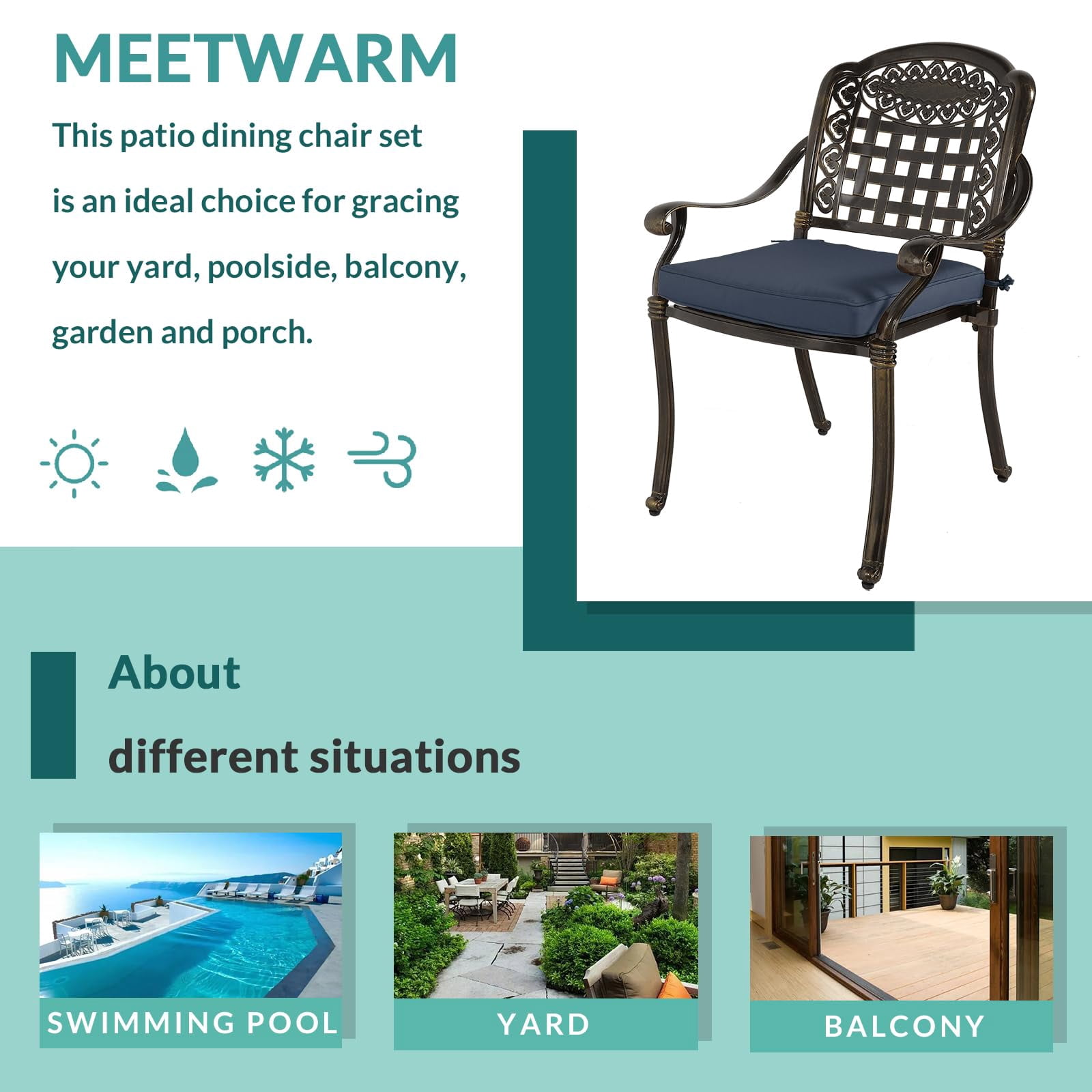 MEETWARM 2 Piece Patio Dining Chairs with Cushions, Outdoor All-Weather Cast Aluminum Chairs, Patio Bistro Dining Chair Set, Navy Blue