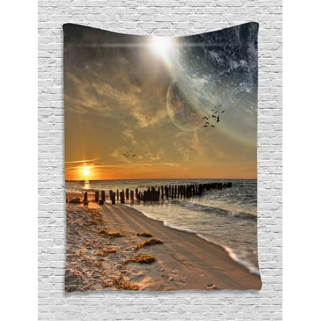 Space Tapestry, Magical Solar Eclipse on Beach Ocean with Horizon Sun Moon Globe Gulls Flying View, Wall Hanging for Bedroom Living Room Dorm Decor, Cream Orange, by