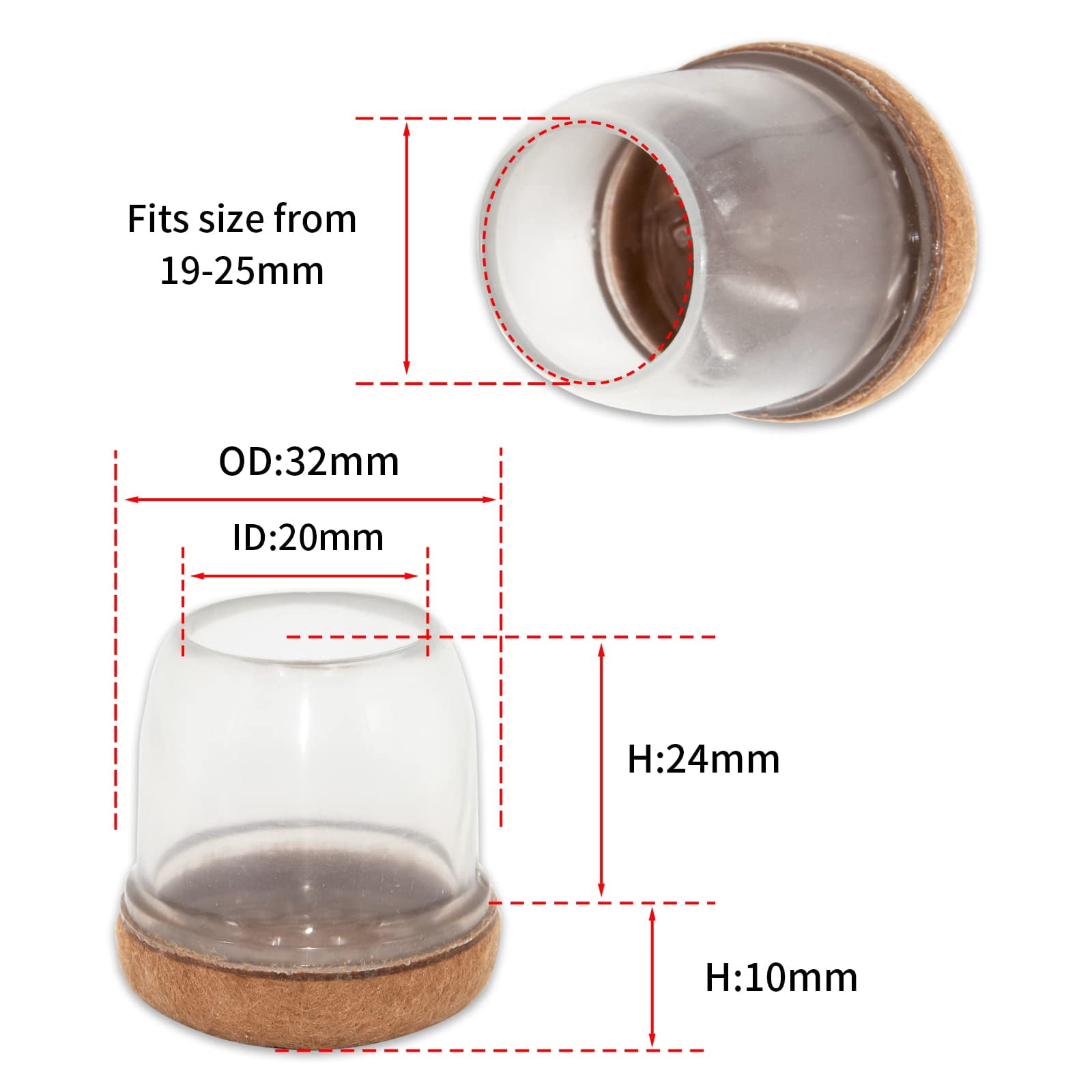 Flyshop 8PCS Round Chair Leg Caps with Felt Pads Durable Floor Protectors for Hardwood Floor Prevent Scratches Reduce Noise Foot Cap, Transparent Protective Caps, 19 to 25 mm