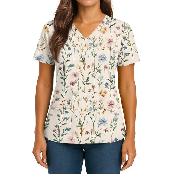Scrubs for Women V Neck Short Sleeve Scrubs Tops Fashion Casual Floral Print Workwear T-shirts Work Uniform with Pockets