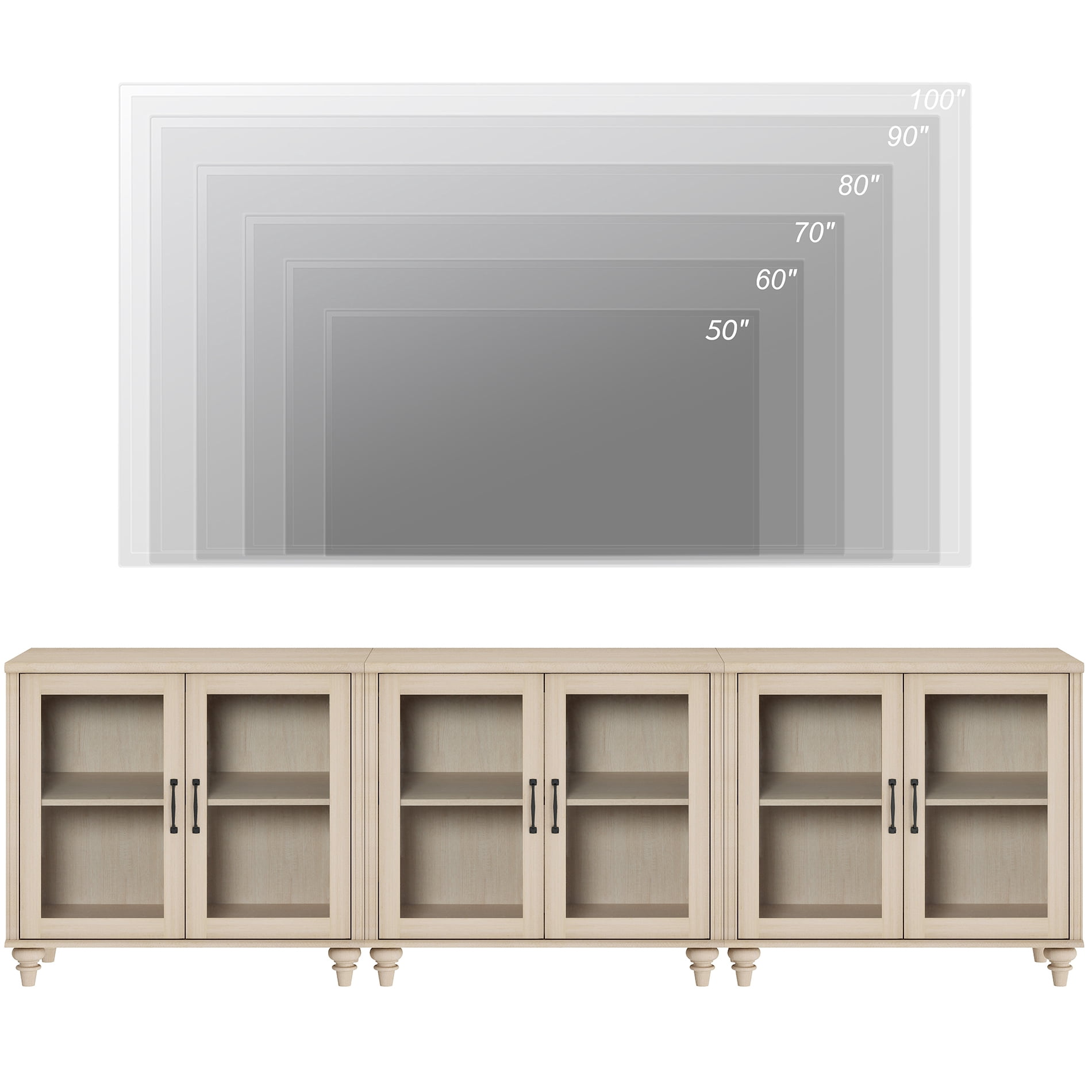 Light Beige Farmhouse TV Stand for 85 inch TV with 6 Glass Doors